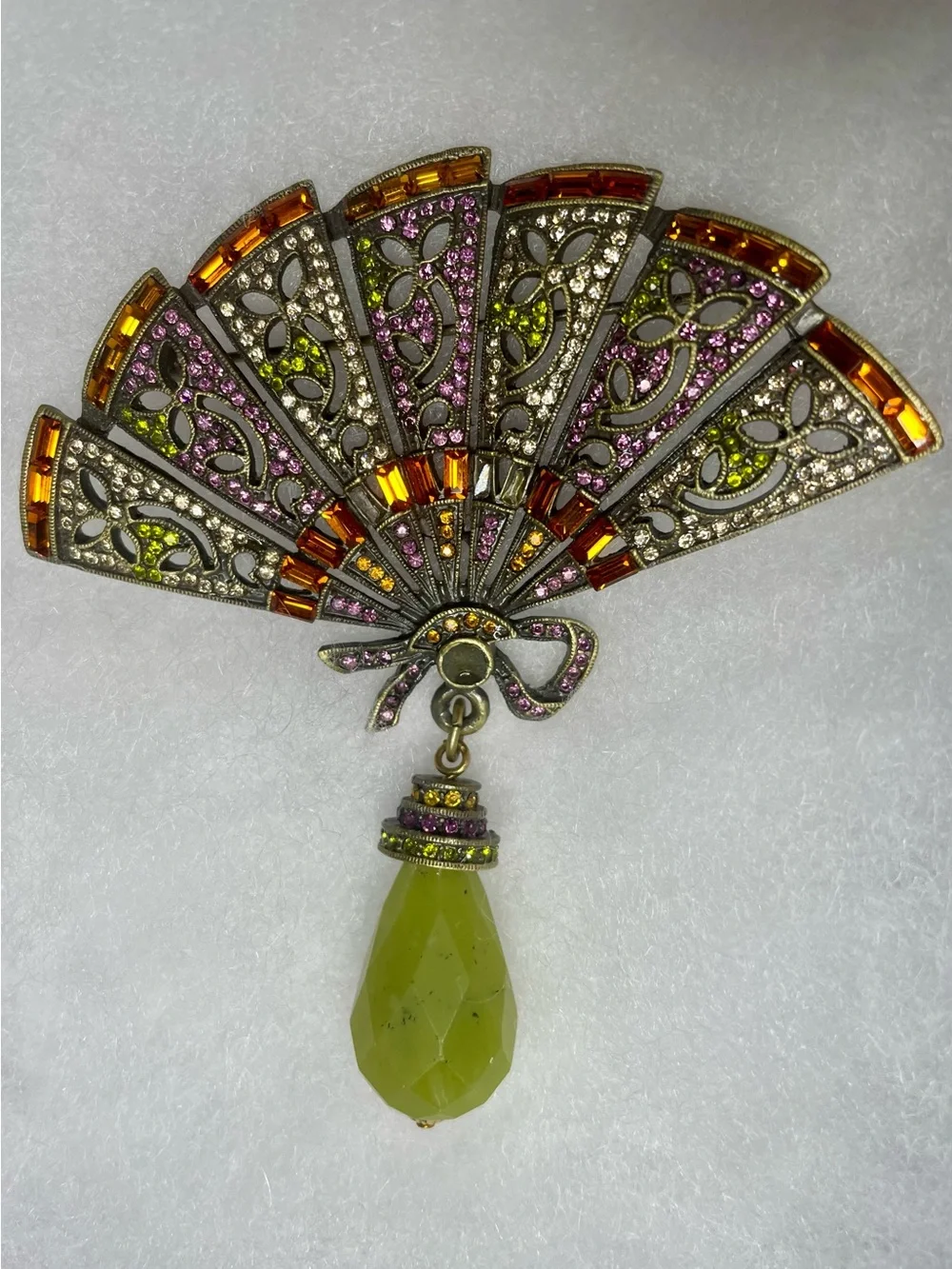 Heidi Daus Vintage Fan Brooch Crystals Pin Green Purple Rust Pave Broach FLAWs